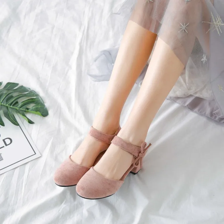 Women's Solid Color Suede Ankle Strap Butterfly Knot Block Heel Sandals