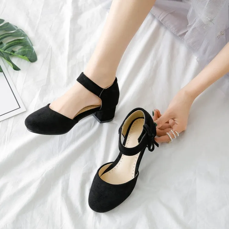 Women's Solid Color Suede Ankle Strap Butterfly Knot Block Heel Sandals