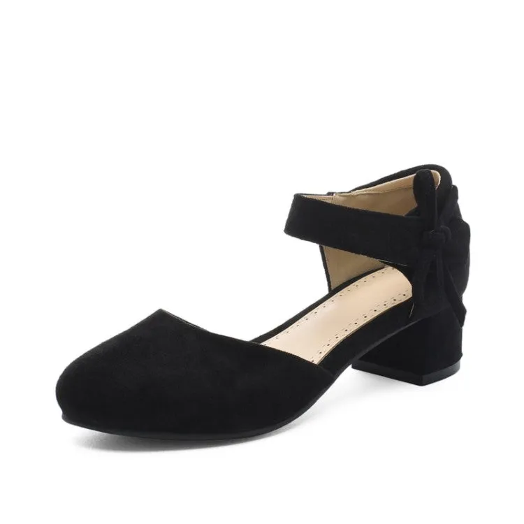 Women's Solid Color Suede Ankle Strap Butterfly Knot Block Heel Sandals