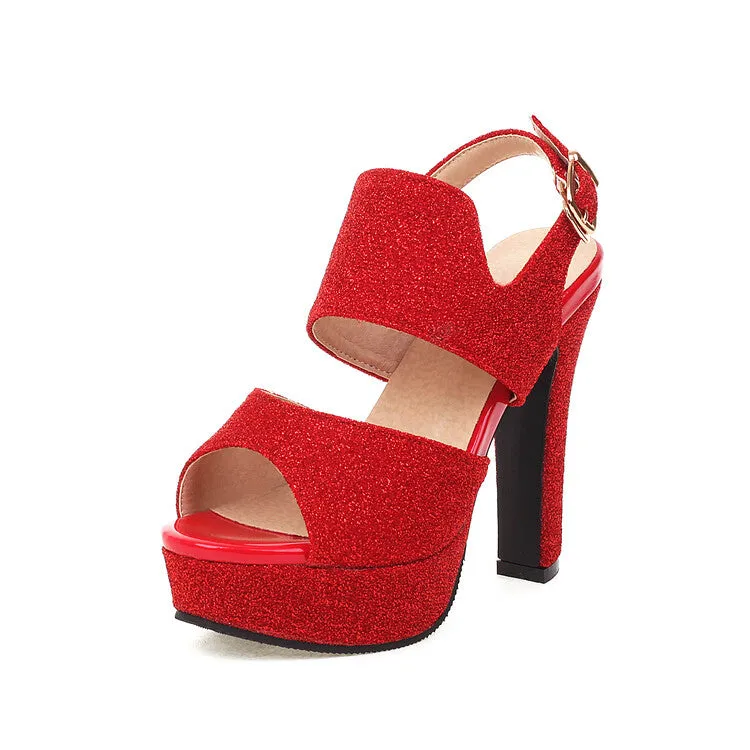 Women's Sparkling Peep Toe Chunky Heel Platform Solid Color Sandals