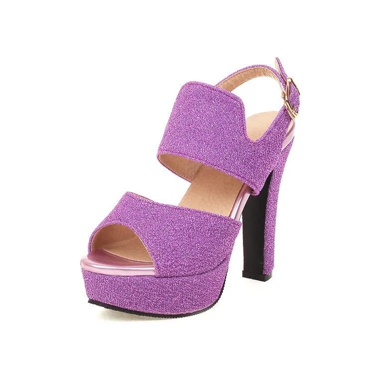 Women's Sparkling Peep Toe Chunky Heel Platform Solid Color Sandals