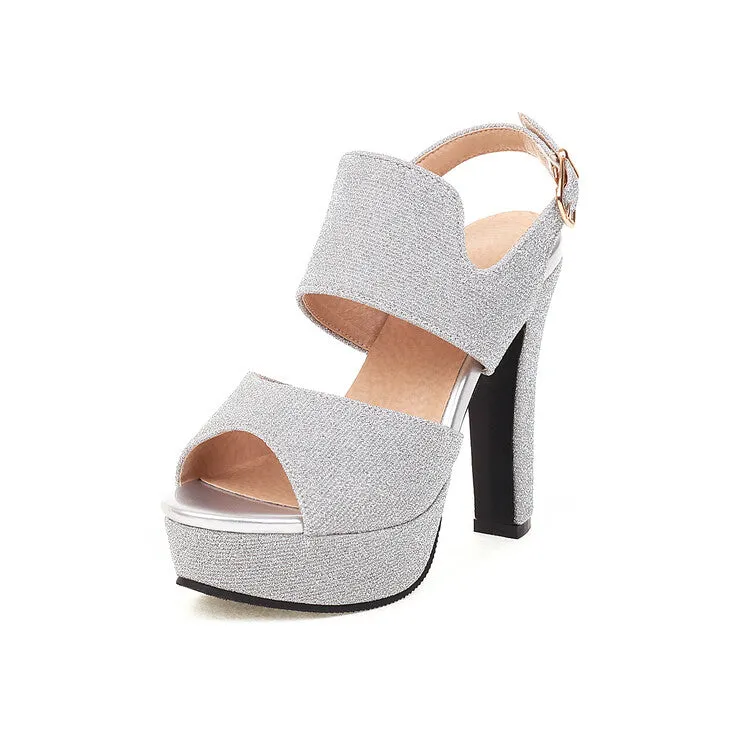 Women's Sparkling Peep Toe Chunky Heel Platform Solid Color Sandals