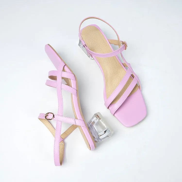 Women's Square Toe Ankle Strap Medium Block Crystal Heel Sandals