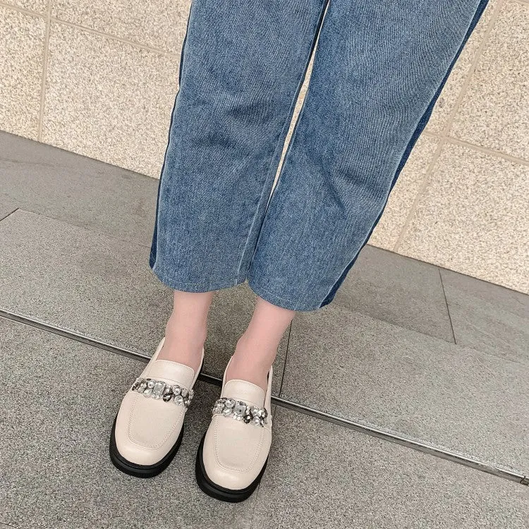 Women's Square Toe Solid Color Rhinestone Chains Shallow Slip on Flats Shoes
