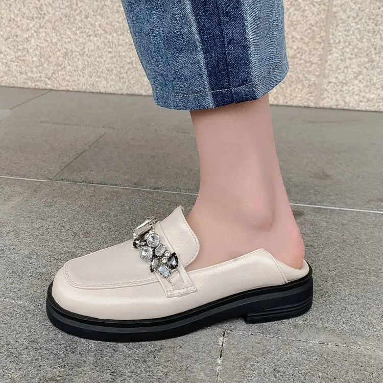 Women's Square Toe Solid Color Rhinestone Chains Shallow Slip on Flats Shoes