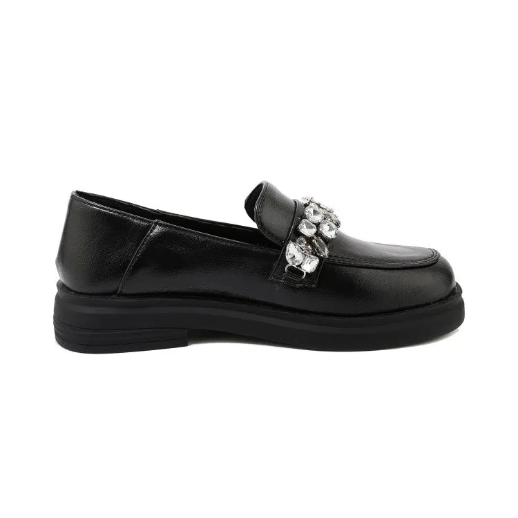 Women's Square Toe Solid Color Rhinestone Chains Shallow Slip on Flats Shoes