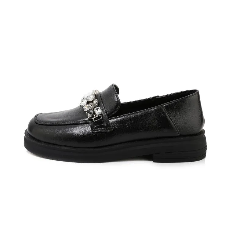 Women's Square Toe Solid Color Rhinestone Chains Shallow Slip on Flats Shoes