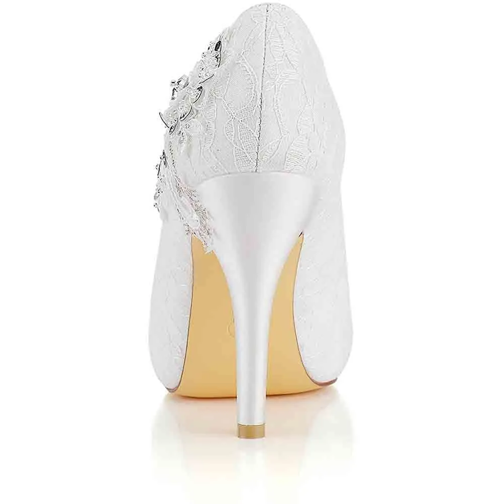 Women's Wedding Shoes Peep Toe Stiletto Heel Lace Satin Pumps