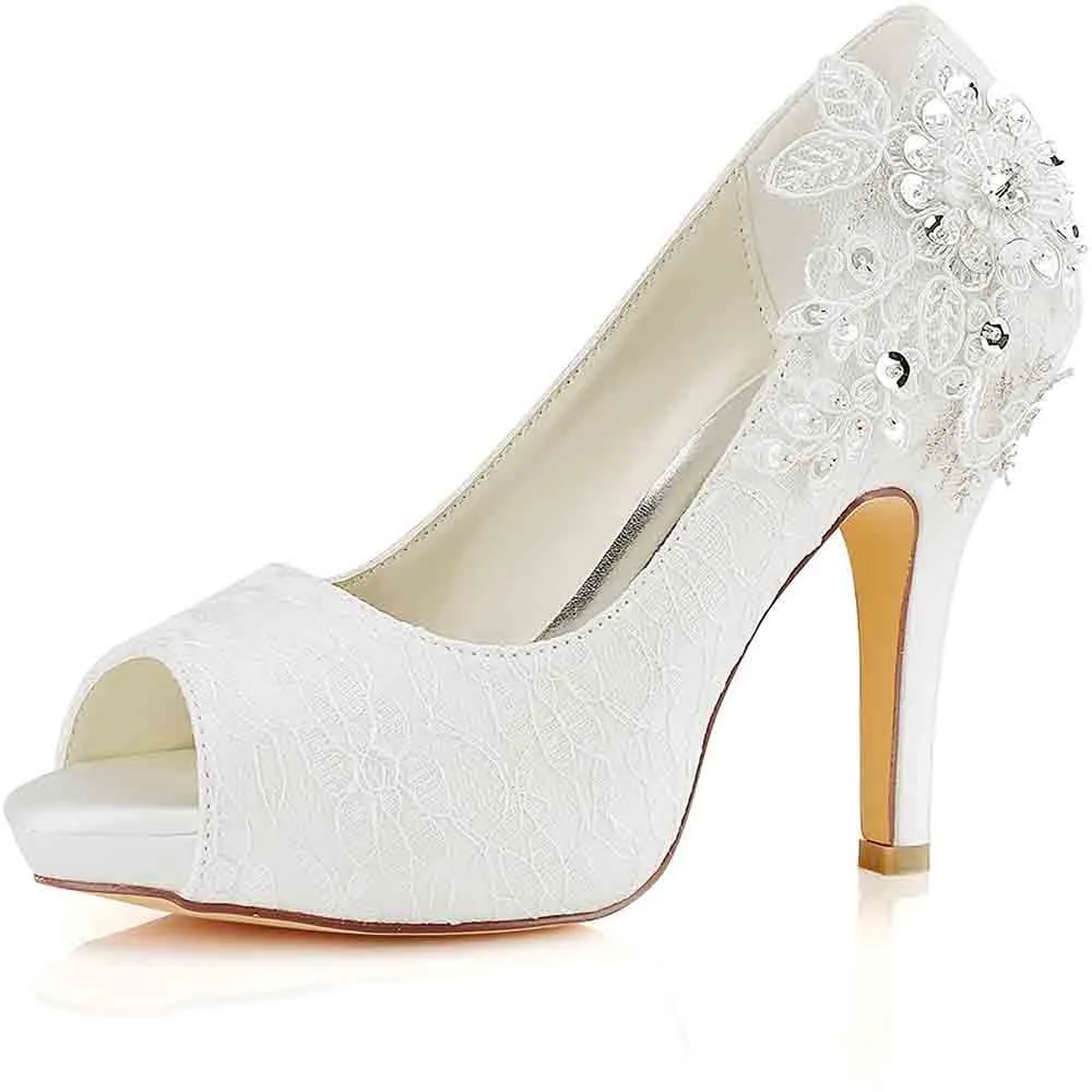Women's Wedding Shoes Peep Toe Stiletto Heel Lace Satin Pumps